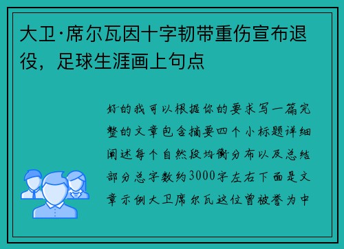 大卫·席尔瓦因十字韧带重伤宣布退役，足球生涯画上句点