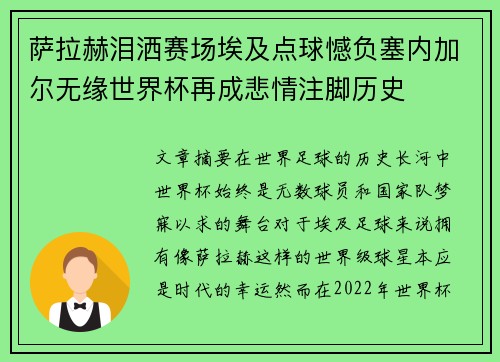 萨拉赫泪洒赛场埃及点球憾负塞内加尔无缘世界杯再成悲情注脚历史 萨拉赫泪洒赛场埃及点球憾负塞内加尔无缘世界杯再成悲情注脚历史